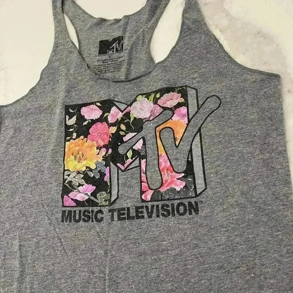 MTV Music Television Flower Logo Gray Racerback Tank Top Women’s Size Large - Picture 2 of 4